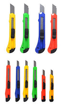 Cargar imagen en el visor de la galería, Colorful eZthings heavy duty utility knives with snap off blades for cutting materials like wallpaper, vinyl, and leather, auto-lock feature.
