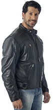 Load image into Gallery viewer, REED Men's Leather Motorcycle Jacket in black shown on a model, featuring zipper air vents and premium genuine cowhide leather.
