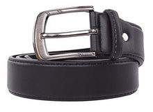 Load image into Gallery viewer, Classic black PU leather belt with silver flat buckle, suitable for dress or casual wear by REED.