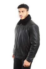 Cargar imagen en el visor de la galería, REED Men's Smooth Lamb Touch Faux Leather Jacket with Detachable Fur Collar, Classic Style, Black - Imported
