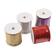 Load image into Gallery viewer, Gold, silver, red, and purple sparkly sheer fabric ribbons on spools, ideal for party decor and gift baskets by eZthings.
