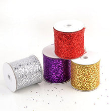 Load image into Gallery viewer, Colorful sparkly sheer fabric ribbons in silver, purple, red, and gold for party decor and gift wrapping, stacked and on white spools.
