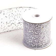 Load image into Gallery viewer, Sparkly sheer fabric ribbon roll in silver for gift wrapping and party decor by eZthings, 3.5-inch wide, 10-yard length.