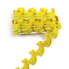 Load image into Gallery viewer, Yellow embroidered lace trim with a scalloped edge design, perfect for DIY sewing, bridal projects, and home décor crafts.