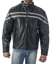 Cargar imagen en el visor de la galería, Men's black vented motorcycle leather jacket by REED with hidden air vents and zip-out lining, ideal for riding comfort and style.