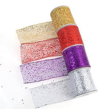Load image into Gallery viewer, Colorful sparkly sheer fabric ribbons in gold, red, purple, pink, and silver, perfect for party decorations and gift wrapping.
