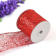 Load image into Gallery viewer, Red sparkly sheer fabric ribbon on a spool for gift wrapping and decoration.