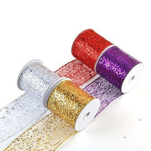 Load image into Gallery viewer, Four rolls of sparkly sheer fabric ribbons in gold, silver, red, and purple for party decor and gift wrapping, 3.5-inch width, 10 yards each.