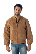 Load image into Gallery viewer, Man wearing REED Men's Baseball Suede Leather Jacket in brown, showcasing a classic style with a soft touch and satin lining.