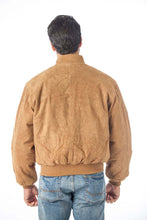 Load image into Gallery viewer, Rear view of a man wearing a REED Men's Baseball Suede Leather Jacket, made of genuine suede with classic styling, ideal for fall and spring.