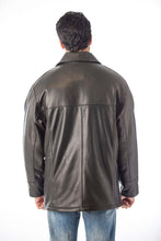 Load image into Gallery viewer, Man wearing REED Men's Premium Four Button Car Coat Leather Jacket, back view showcasing premium leather craftsmanship.
