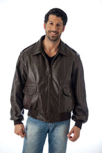 Load image into Gallery viewer, REED Men's Bomber Leather Jacket made in USA, classic design with durable naked cow leather, worn by a model, showcasing quality craftsmanship.