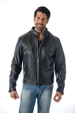 Load image into Gallery viewer, Man wearing REED Men's Naked Cow Leather Motorcycle Jacket in black, showcasing style and comfort, made in USA.