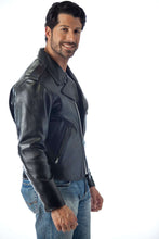Load image into Gallery viewer, Man wearing REED Men's Police Leather Motorcycle Patrol Jacket, black premium cowhide, showcasing style and durability, made in USA.