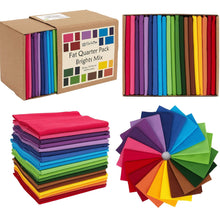 Load image into Gallery viewer, Colorful Fat Quarter Bundle with 20 vibrant cotton squares for quilting, showcasing rainbow mix in eco-friendly packaging.