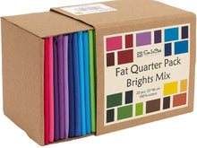 Load image into Gallery viewer, 20 Fat Quarter Bundle - 100% Cotton Rainbow Mix in packaging, featuring colorful fabric squares for quilting and crafting.