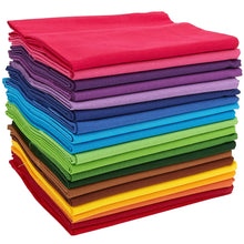Load image into Gallery viewer, Stack of 20 colorful fat quarter fabrics in rainbow colors for quilting, 100% cotton, size 20.8 x 18.1 inches, plastic-free packaging.