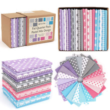 Load image into Gallery viewer, 20-piece pastel fat quarter bundle in 100% cotton with polka dot and checkered patterns, ideal for quilting and crafting.