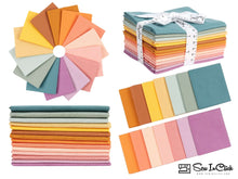 Load image into Gallery viewer, Colorful fat quarter bundle of 100% cotton fabric in yoga vibes theme, ideal for quilting and crafting. Includes 14 unique, washable pieces.
