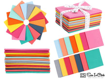 Load image into Gallery viewer, Fat Quarter Bundle of 100% Cotton Solids in Retro Bright Mix, 14 Colors. Perfect for Quilting and Crafting. Includes Tied Stack and Samples.