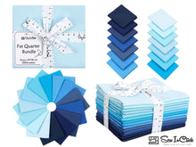 Load image into Gallery viewer, Fat Quarter Bundle of 100% Cotton in Blue Shades, 14 Colors, Perfect for Quilting and Crafting, Wrapped with Ribbon, Includes Two Stacks