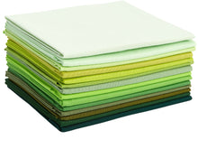 Load image into Gallery viewer, Fat Quarter Bundle in shades of green, 100% cotton for quilting, featuring 14 fat quarters stacked in varying emerald hues.