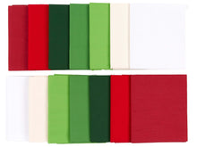 Load image into Gallery viewer, Christmas fat quarter bundle in assorted colors, 100% cotton, ideal for quilting and crafting, featuring 14 soft, durable pieces.