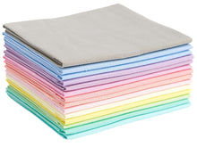 Load image into Gallery viewer, Stack of 14 pastel-colored 100% cotton fat quarters for quilting and crafting, featuring soft 140 GSM fabric.