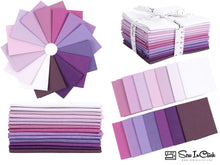 Load image into Gallery viewer, Fat Quarter Bundle of 100% Cotton fabric in shades of purple and magenta; includes 14 pieces, ideal for quilting and crafting.