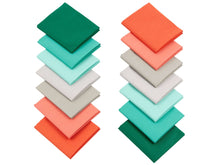 Load image into Gallery viewer, Christmas Fat Quarter Bundle featuring 14 cotton squares in mixed pine colors, perfect for quilting and crafts. High-quality 100% cotton fabric.