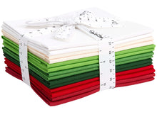 Load image into Gallery viewer, Christmas Fat Quarter Bundle with 14 cotton fabrics in red, green, and white colors for quilting and crafting, tied with ribbon.