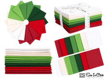 Load image into Gallery viewer, Christmas Fat Quarter Bundle, 100% Cotton, featuring vibrant Xmas colors for quilting and crafting, shown in fabric stacks and spreads.