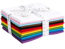 Load image into Gallery viewer, Colorful Fat Quarter Bundle in New Pride Flag Colors, 100% Cotton, 12 pieces, tied with a measuring tape ribbon for quilting and crafting.