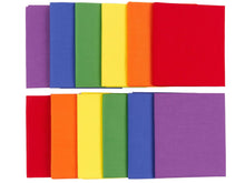 Load image into Gallery viewer, Fat Quarter Bundle with Pride Flag colors, 100% cotton for crafting and quilting, includes 12 pieces in rainbow hues.