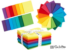Load image into Gallery viewer, Fat Quarter Bundle with 100% Cotton Rainbow Mix, 14 colors for quilting and crafting, shown stacked and in circle arrangement.