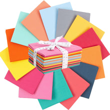 Load image into Gallery viewer, Retro Bright Fat Quarter Bundle with 14 colorful 100% cotton fabrics for quilting, tied with a ribbon, perfect for crafting gifts.
