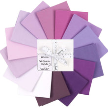 Load image into Gallery viewer, Fat Quarter Bundle: 14 shades of purple and magenta, 100% cotton, 53x46 cm each, perfect for quilting and crafting.