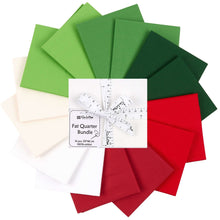 Load image into Gallery viewer, Christmas Fat Quarter Bundle in red, green, and white fabric, 100% cotton, ideal for quilting and crafting; 14 pieces, 53x46 cm each.