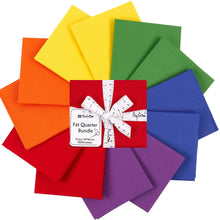 Load image into Gallery viewer, Fat Quarter Bundle of 12 colorful 100% cotton fabric pieces for quilting and crafting, featuring Pride Flag colors, tied with ribbon.