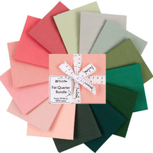 Load image into Gallery viewer, Fat Quarter Bundle 100% Cotton in pink and emerald greens, 14 pieces, 140gsm soft fabric for quilting, displayed in a circular arrangement.