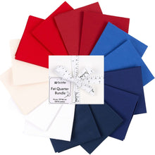 Load image into Gallery viewer, Fat Quarter Bundle in red, blue, and white patriotic USA flag colors, 100% cotton quilting fabric, 14 pieces, 20.8x18.1 inches each.