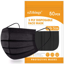 Load image into Gallery viewer, eZthings 50 pack black 3 ply disposable face masks for kids, professional PPE for arts and crafts, painting, cutting, sewing.