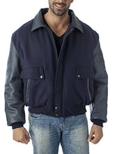 Load image into Gallery viewer, Men's navy leather varsity bomber jacket by REED with top-grain leather sleeves, crafted in USA, providing a stylish, timeless look.