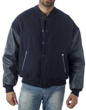 Load image into Gallery viewer, REED Varsity Leather Wool Jacket Made in USA - Navy, Leather Sleeves, Quilted Lining