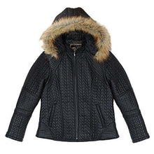 Load image into Gallery viewer, REED Women's Designer Faux Fur Leather Jacket with Zip Out Hood, Quilted Pattern, Black