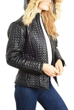 Load image into Gallery viewer, REED Women's Designer Faux Fur Leather Jacket with Quilted Pattern and Zip-Out Hood