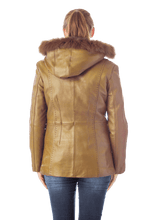 Load image into Gallery viewer, Back view of women&#39;s leather jacket with fox trimmed detachable hood, braided leather trim, in black color.

