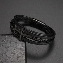 Cargar imagen en el visor de la galería, Classic hand woven multi-layered black leather bracelet for men, vegan leather, elegant and stylish accessory with alloy detail.
