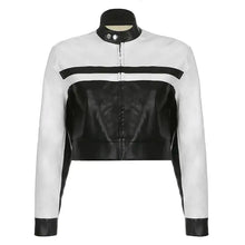 Charger l&#39;image dans la galerie, Patchwork vegan leather jacket in black and white with unique design, offering style, comfort, and durability for standout fashion statements.
