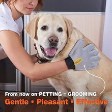 Load image into Gallery viewer, Woman using Amazing Grooming Gloves on happy dog, text reads &#39;Petting = Grooming, Gentle • Pleasant • Effective&#39;.
